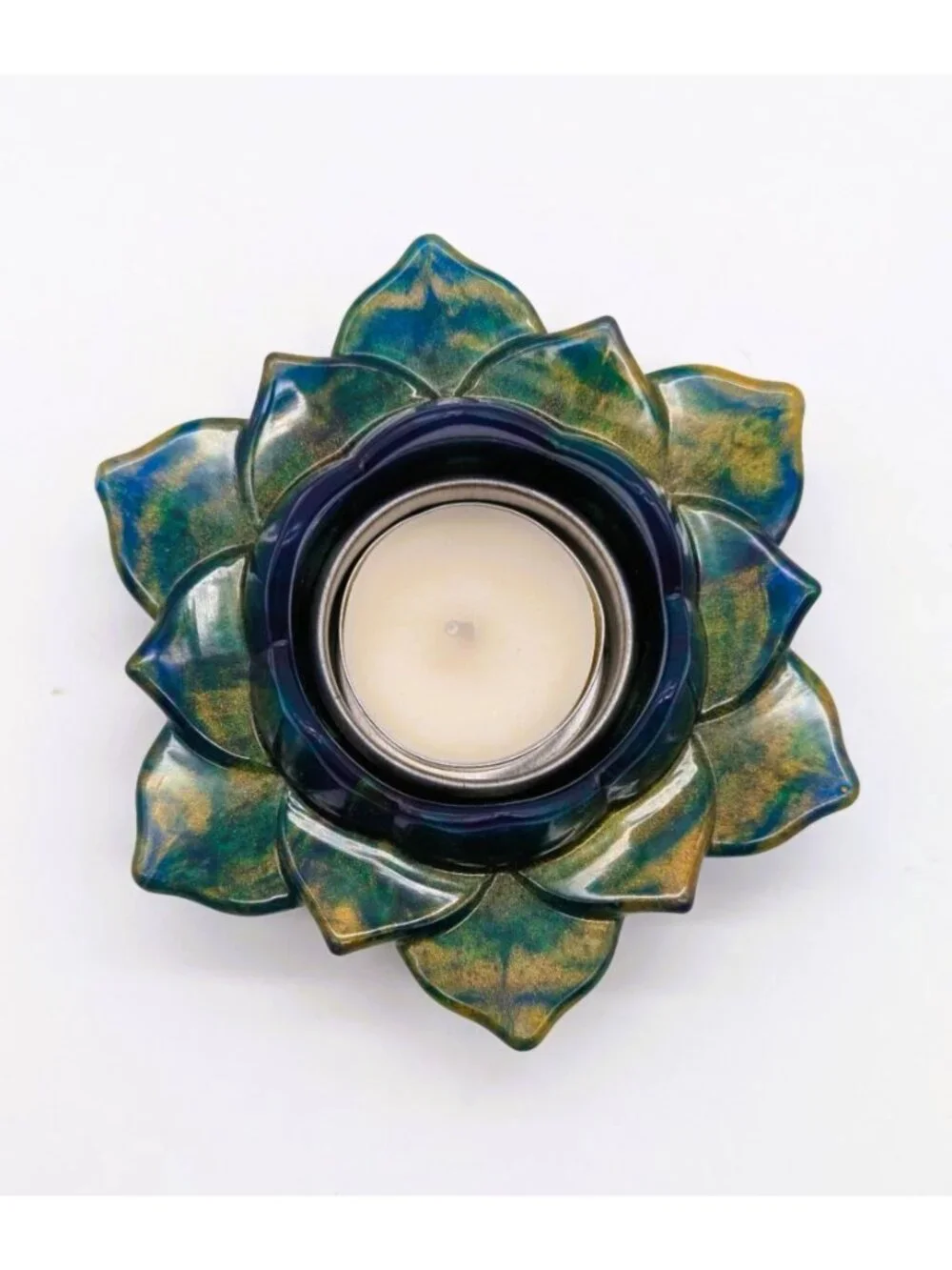 Lotus Flower Resin Tealight Holder Green, Gold & Blue 4.5